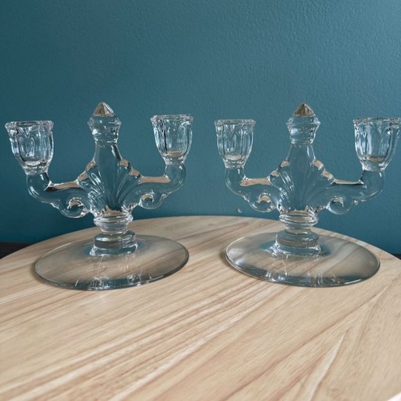 Vintage Pair Heisey Trident Double Candle Holders Crystal Etched Orchid Clear 19 - Picture 6 of 10